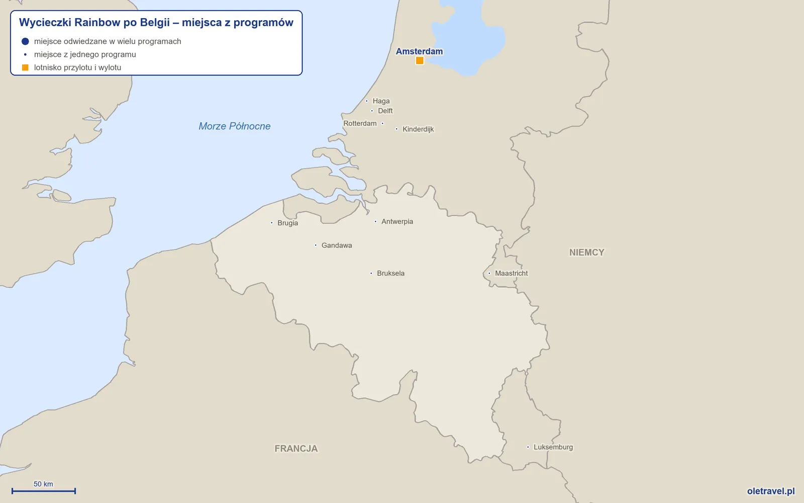 Mapa: Belgia z miejscami z programów wycieczek objazdowych Rainbow