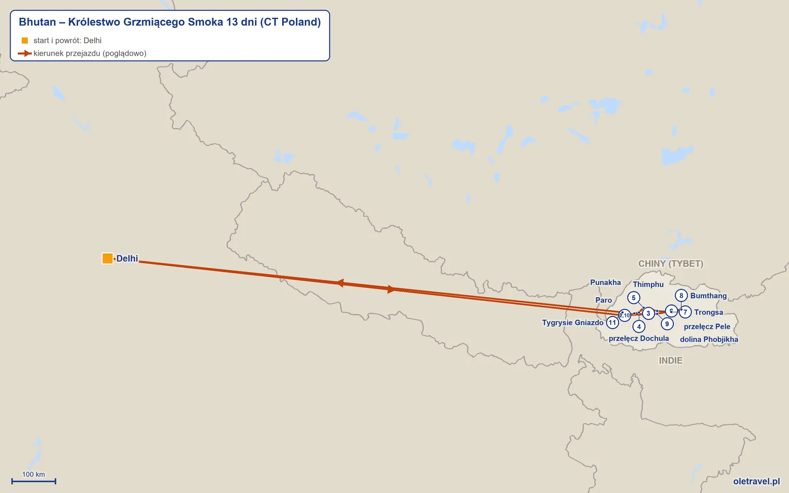 Mapa trasy wycieczki „Bhutan – Królestwo Grzmiącego Smoka 13 dni” z CT Poland: Delhi – Paro – Thimphu – przełęcz Dochula – Punakha – przełęcz Pele – Trongsa – Bumthang – dolina Phobjikha – Paro – Tygrysie Gniazdo – Delhi