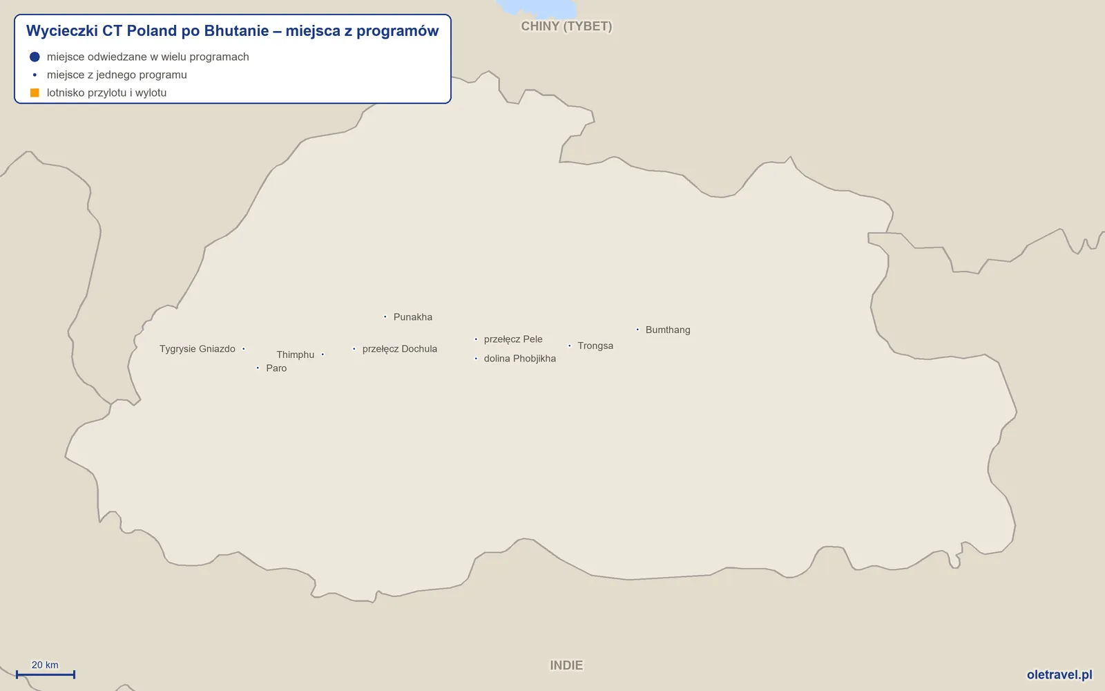 Mapa: Bhutan z miejscami z programów wycieczek objazdowych CT Poland