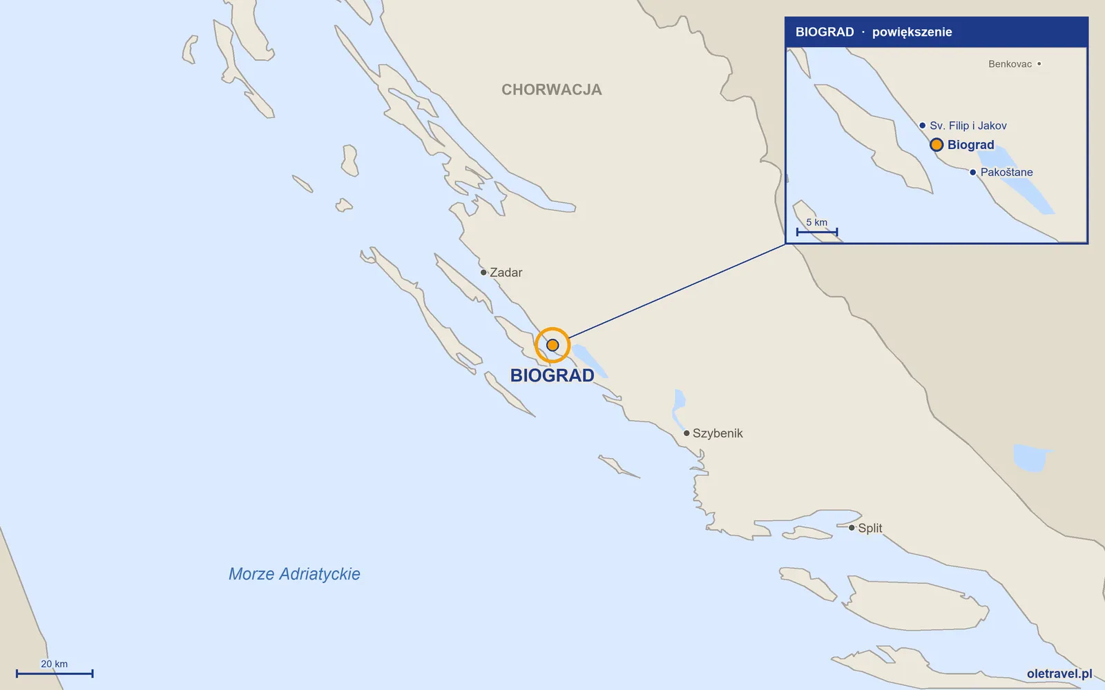 Mapa Chorwacji z zaznaczonym położeniem: Biograd; w powiększeniu okolice z sąsiednimi miejscowościami
