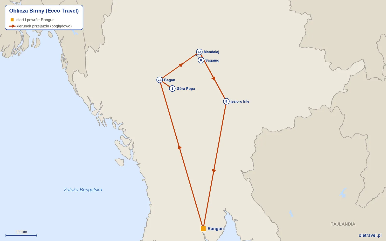 Mapa trasy wycieczki „Oblicza Birmy” z Ecco Travel: Rangun – Bagan – Góra Popa – Bagan – Mandalaj – Sagaing – Mandalaj – jezioro Inle – Rangun