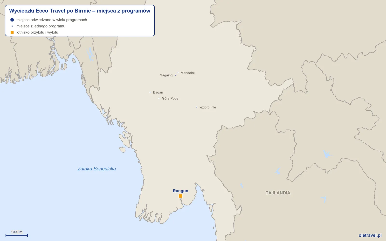 Mapa: Birma z miejscami z programów wycieczek objazdowych Ecco Travel