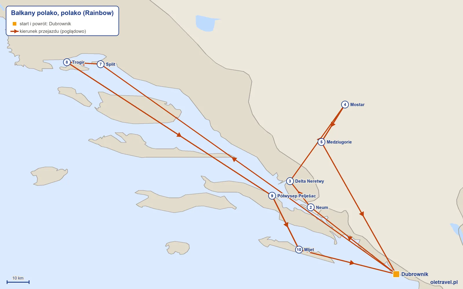 Mapa trasy wycieczki „Bałkany polako, polako” z Rainbow: Dubrownik – Neum – Delta Neretwy – Mostar – Medziugorie – Dubrownik – Split – Trogir – Półwysep Pelješac – Mljet – Dubrownik