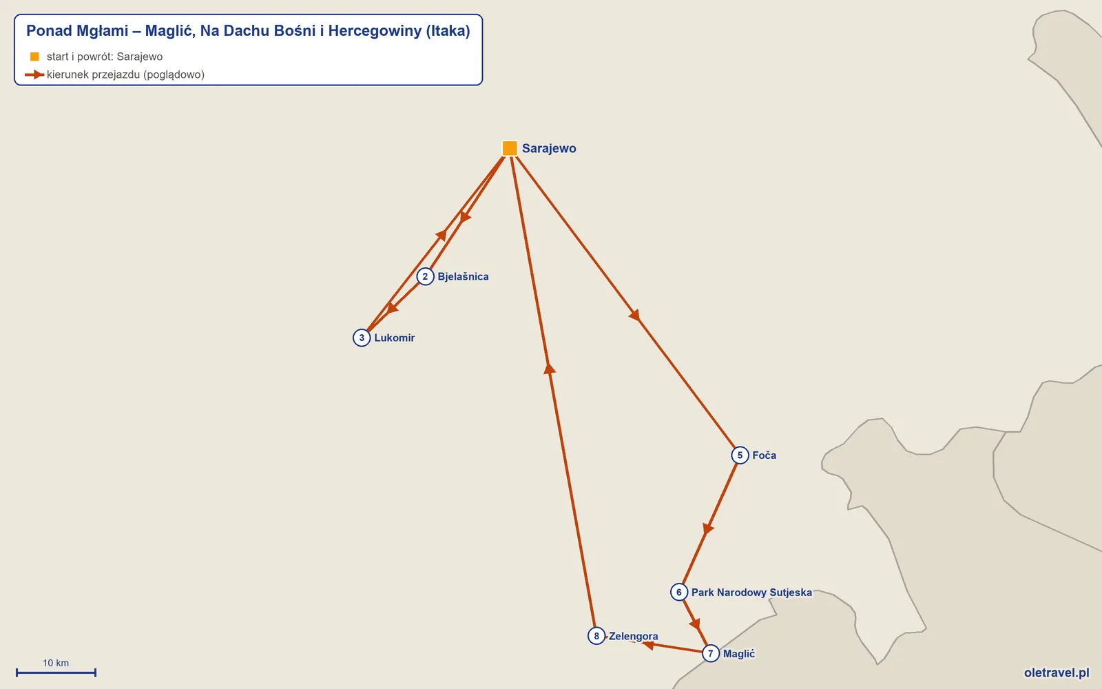 Mapa trasy wycieczki „Ponad Mgłami – Maglić, Na Dachu Bośni i Hercegowiny” z Itaką: Sarajewo – Bjelašnica – Lukomir – Sarajewo – Foča – Park Narodowy Sutjeska – Maglić – Zelengora – Sarajewo