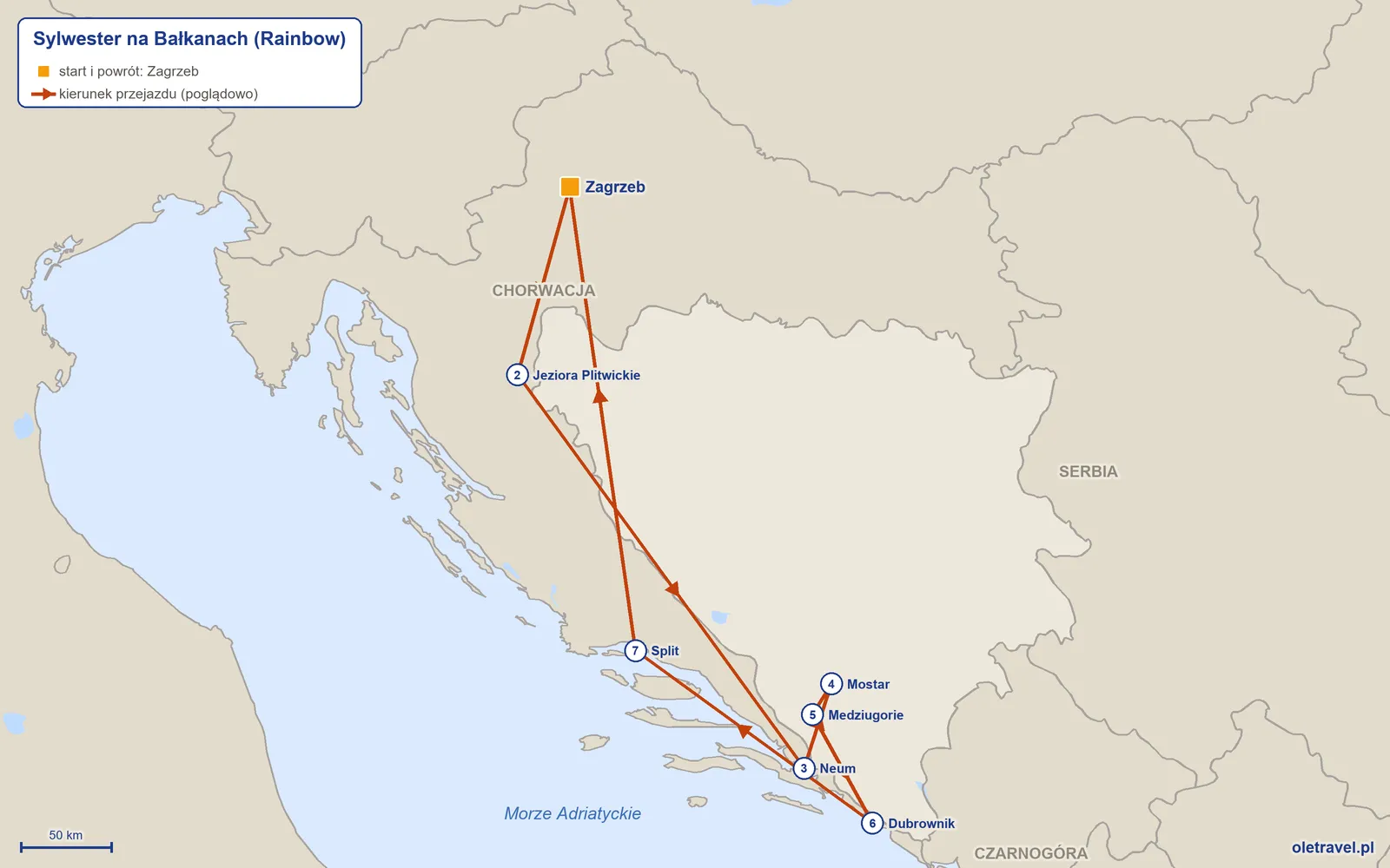 Mapa trasy wycieczki „Sylwester na Bałkanach” z Rainbow: Zagrzeb – Jeziora Plitwickie – Neum – Mostar – Medziugorie – Dubrownik – Split – Zagrzeb