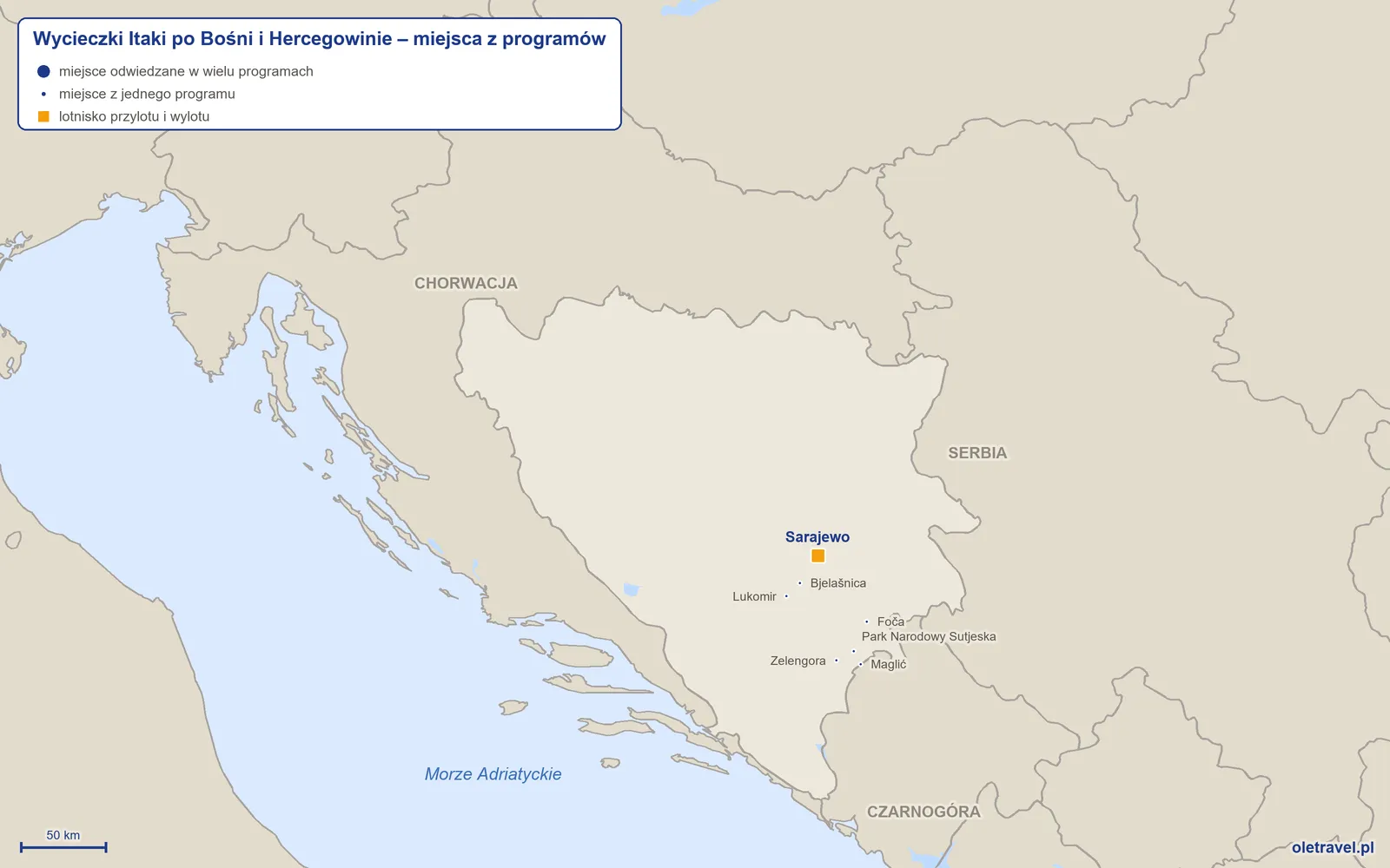 Mapa: Bośnia i Hercegowina z miejscami z programów wycieczek objazdowych Itaki