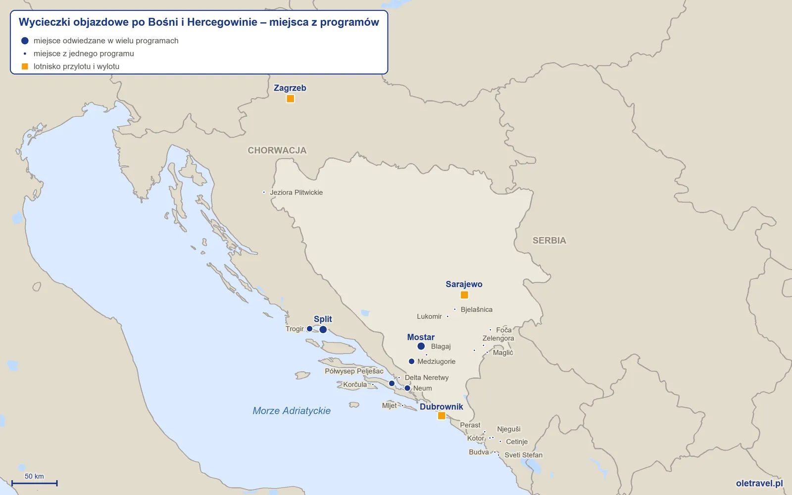 Mapa: Bośnia i Hercegowina z miejscami odwiedzanymi na wycieczkach objazdowych z naszej oferty