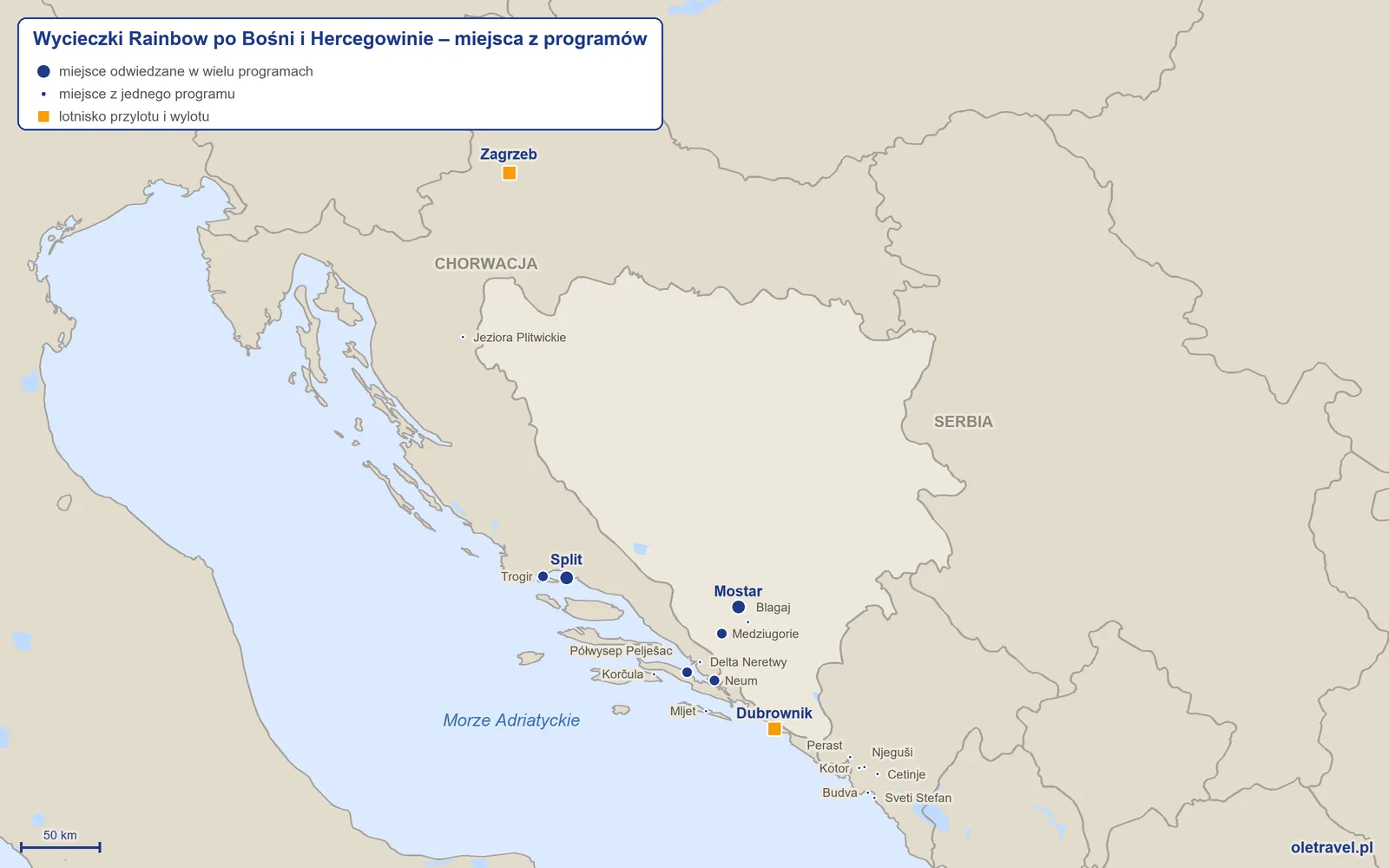 Mapa: Bośnia i Hercegowina z miejscami z programów wycieczek objazdowych Rainbow