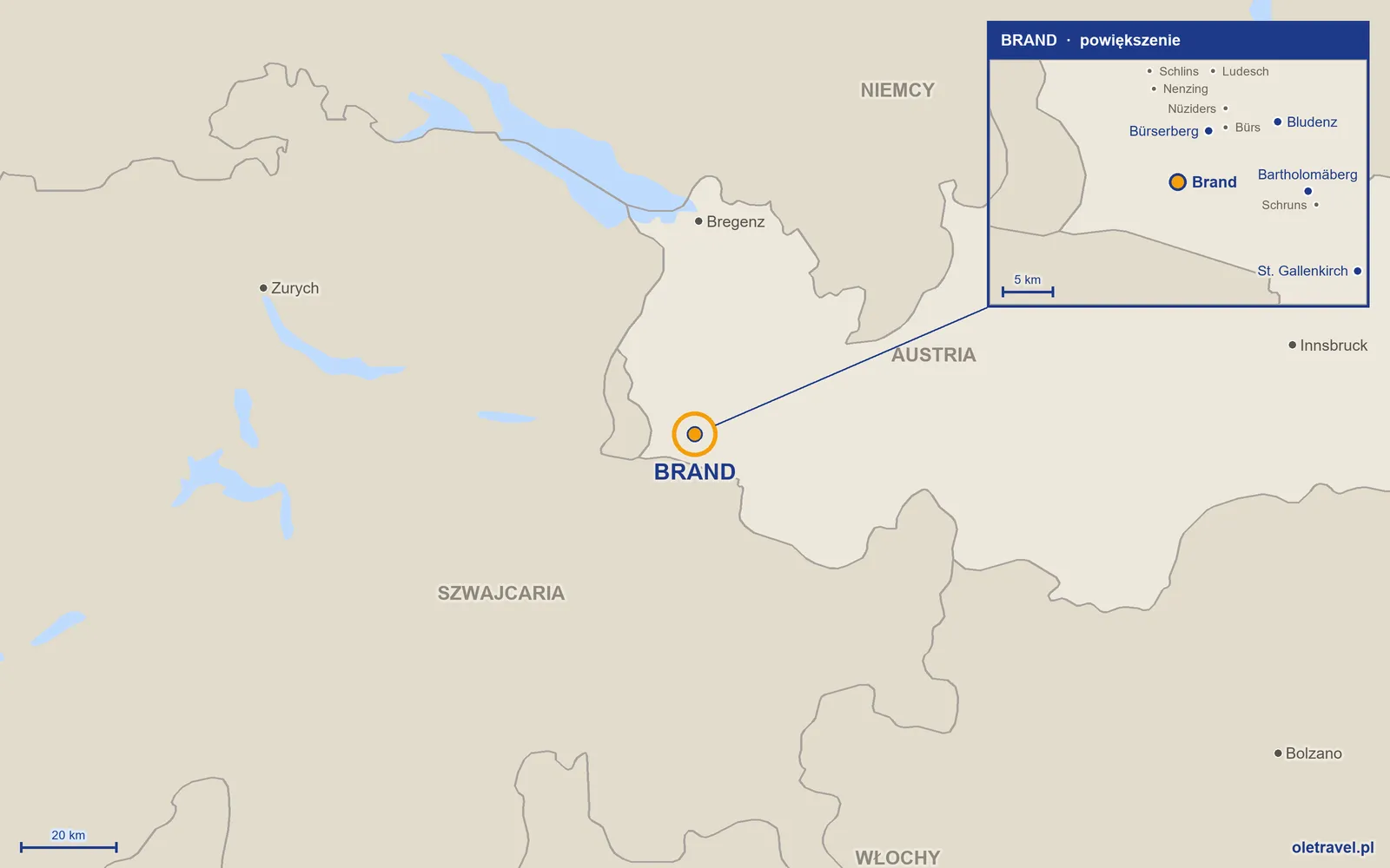 Mapa Austrii z zaznaczonym położeniem: Brand; w powiększeniu okolice z sąsiednimi miejscowościami