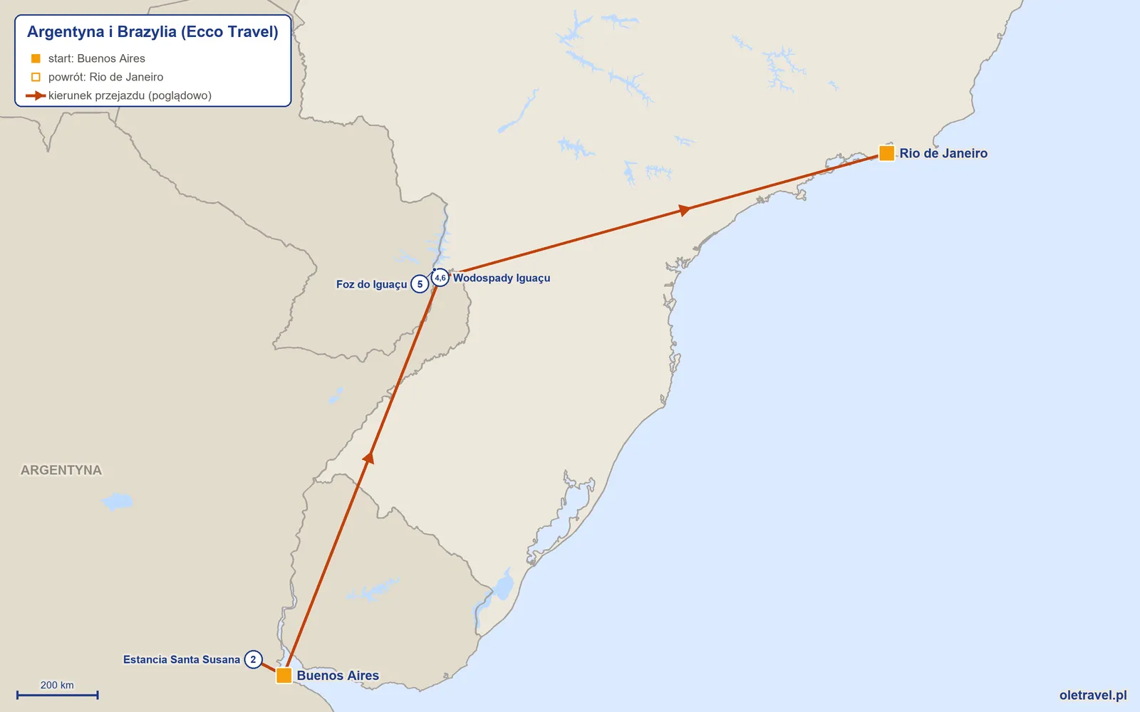 Mapa trasy wycieczki „Argentyna i Brazylia” z Ecco Travel: Buenos Aires – Estancia Santa Susana – Buenos Aires – Wodospady Iguaçu – Foz do Iguaçu – Wodospady Iguaçu – Rio de Janeiro