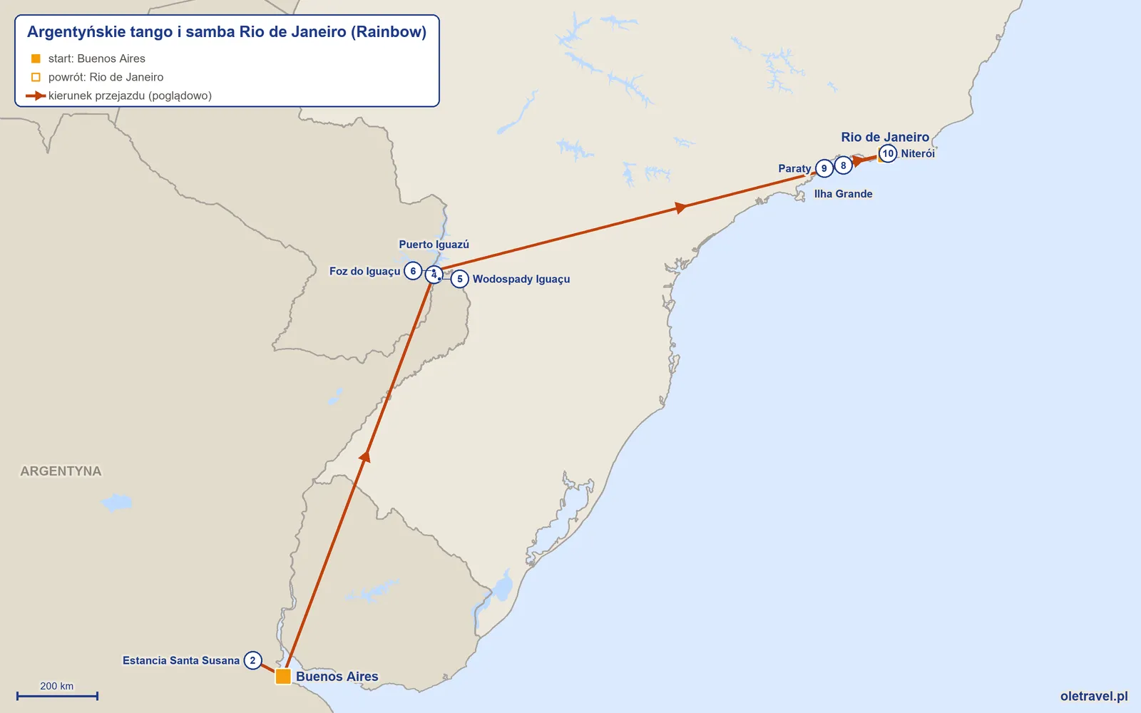 Mapa trasy wycieczki „Argentyńskie tango i samba Rio de Janeiro” z Rainbow: Buenos Aires – Estancia Santa Susana – Buenos Aires – Puerto Iguazú – Wodospady Iguaçu – Foz do Iguaçu – Rio de Janeiro – Ilha Grande – Paraty – Niterói – Rio de Janeiro