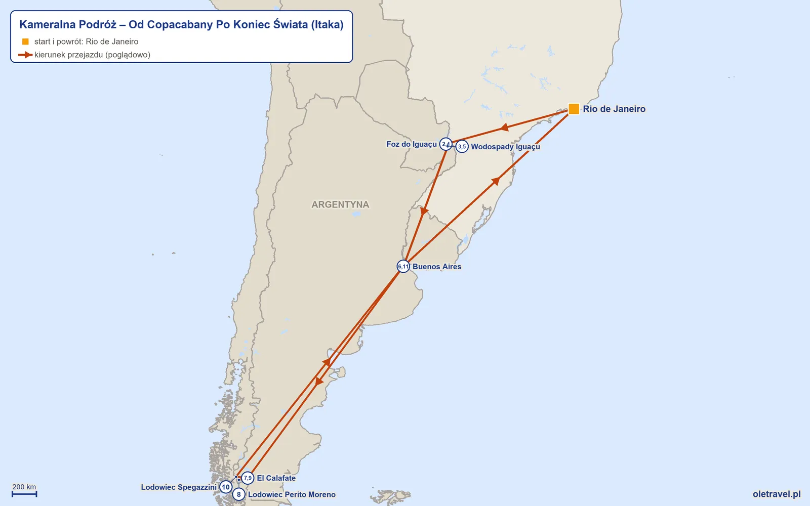 Mapa trasy wycieczki „Kameralna Podróż – Od Copacabany Po Koniec Świata” z Itaką: Rio de Janeiro – Foz do Iguaçu – Wodospady Iguaçu – Foz do Iguaçu – Wodospady Iguaçu – Buenos Aires – El Calafate – Lodowiec Perito Moreno – El Calafate – Lodowiec Spegazzini – Buenos Aires – Rio de Janeiro
