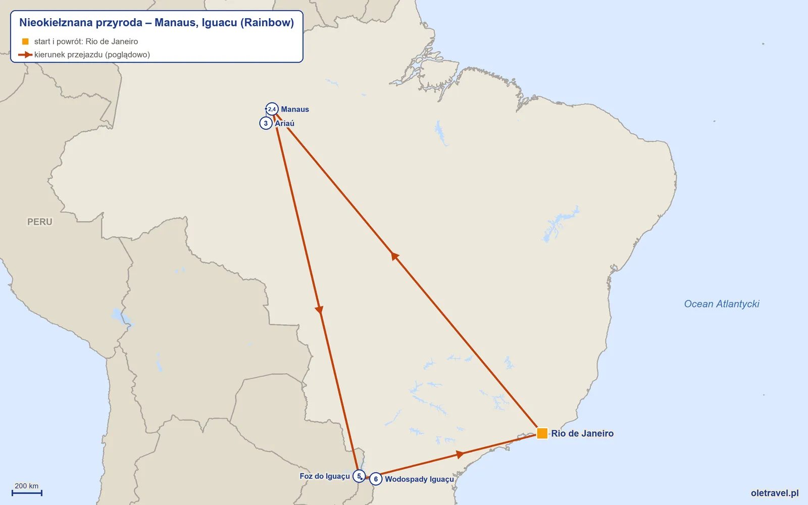 Mapa trasy wycieczki „Nieokiełznana przyroda – Manaus, Iguacu” z Rainbow: Rio de Janeiro – Manaus – Ariaú – Manaus – Foz do Iguaçu – Wodospady Iguaçu – Rio de Janeiro