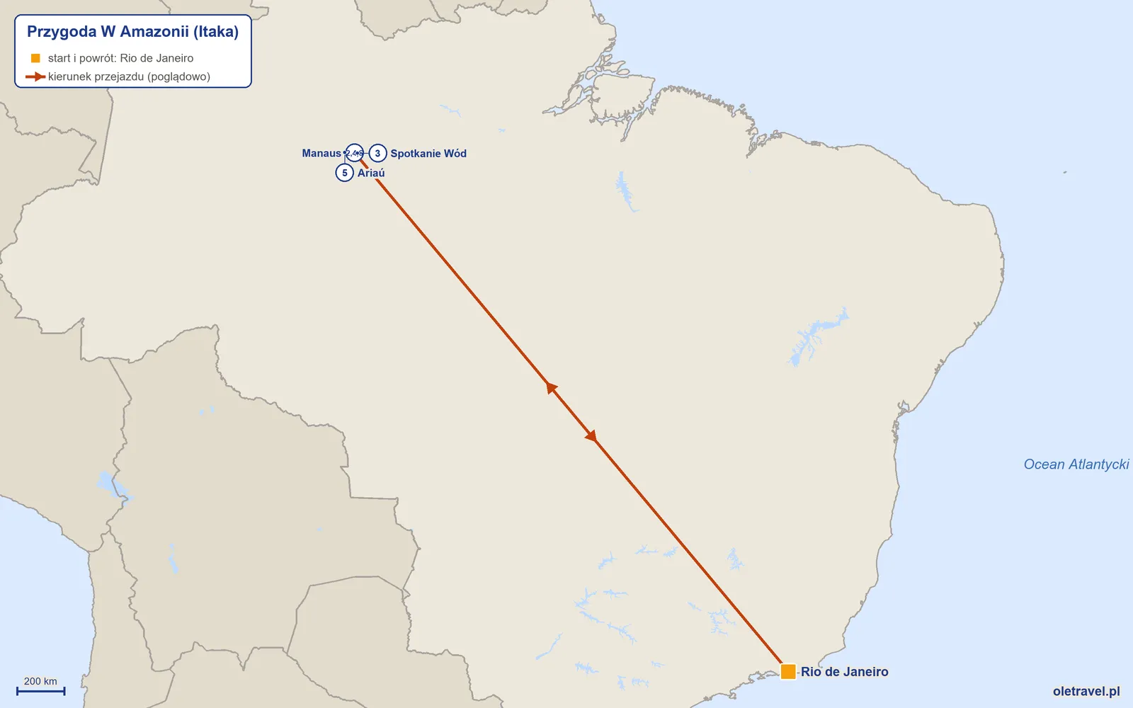 Mapa trasy wycieczki „Przygoda W Amazonii” z Itaką: Rio de Janeiro – Manaus – Spotkanie Wód – Manaus – Ariaú – Manaus – Rio de Janeiro