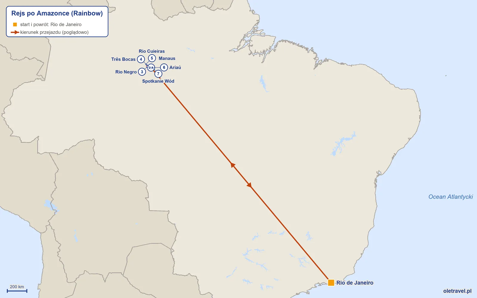 Mapa trasy wycieczki „Rejs po Amazonce” z Rainbow: Rio de Janeiro – Manaus – Rio Negro – Três Bocas – Rio Cuieiras – Ariaú – Spotkanie Wód – Manaus – Rio de Janeiro