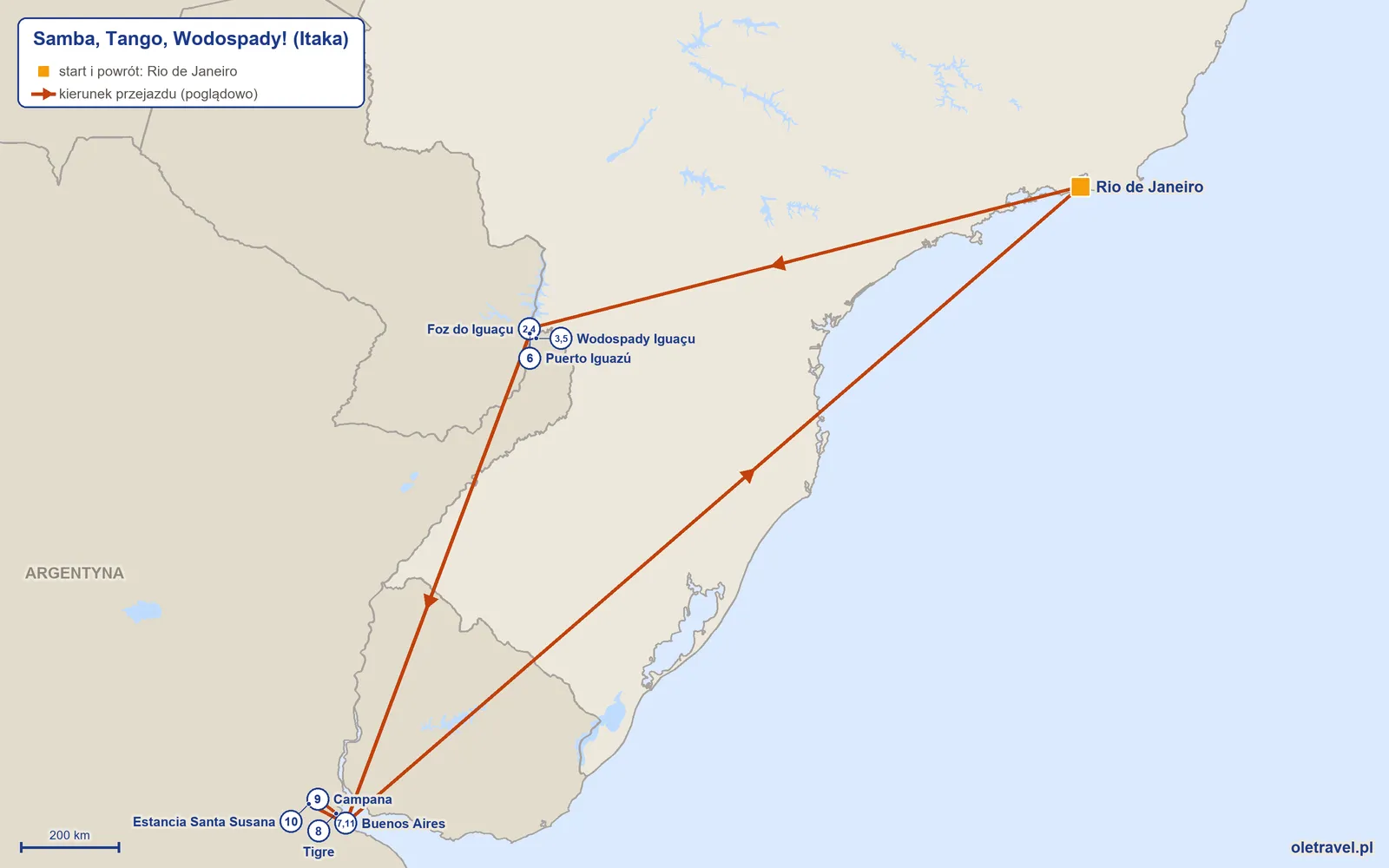 Mapa trasy wycieczki „Samba, Tango, Wodospady!” z Itaką: Rio de Janeiro – Foz do Iguaçu – Wodospady Iguaçu – Foz do Iguaçu – Wodospady Iguaçu – Puerto Iguazú – Buenos Aires – Tigre – Campana – Estancia Santa Susana – Buenos Aires – Rio de Janeiro