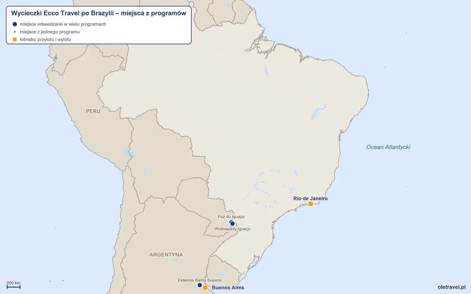 Mapa: Brazylia z miejscami z programów wycieczek objazdowych Ecco Travel