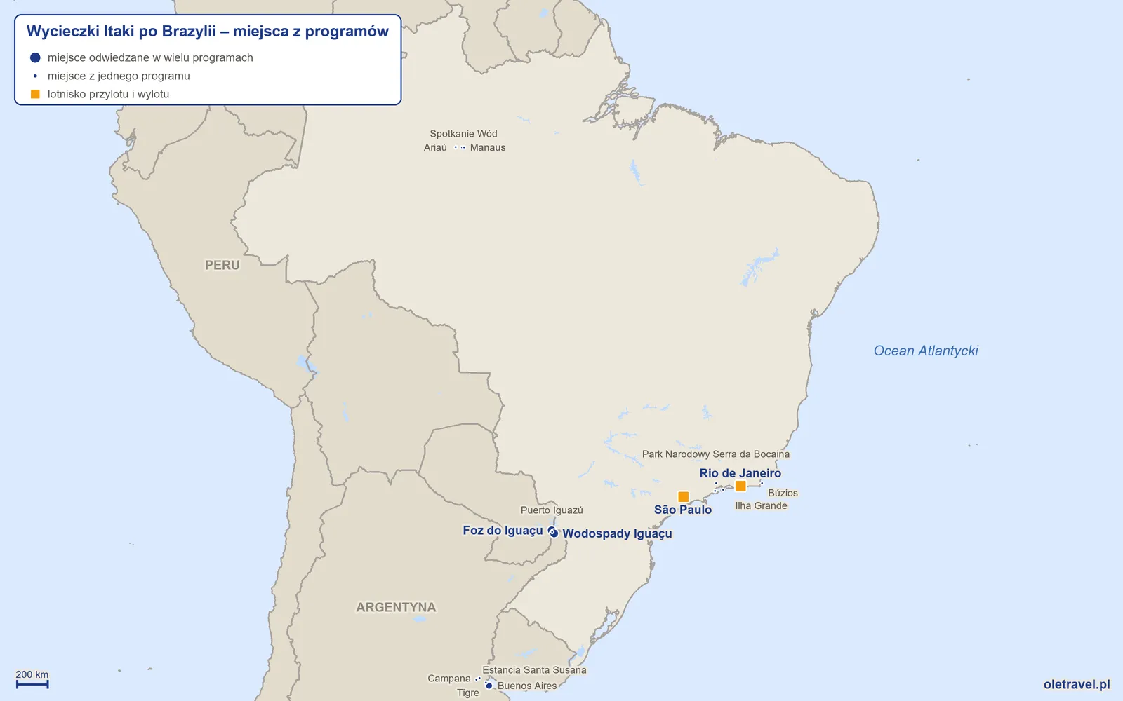 Mapa: Brazylia z miejscami z programów wycieczek objazdowych Itaki