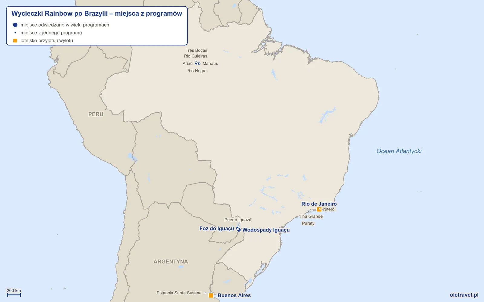 Mapa: Brazylia z miejscami z programów wycieczek objazdowych Rainbow