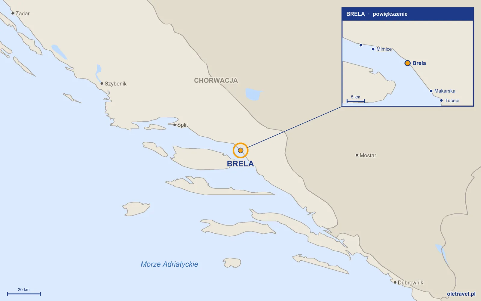 Mapa Chorwacji z zaznaczonym położeniem: Brela; w powiększeniu okolice z sąsiednimi miejscowościami