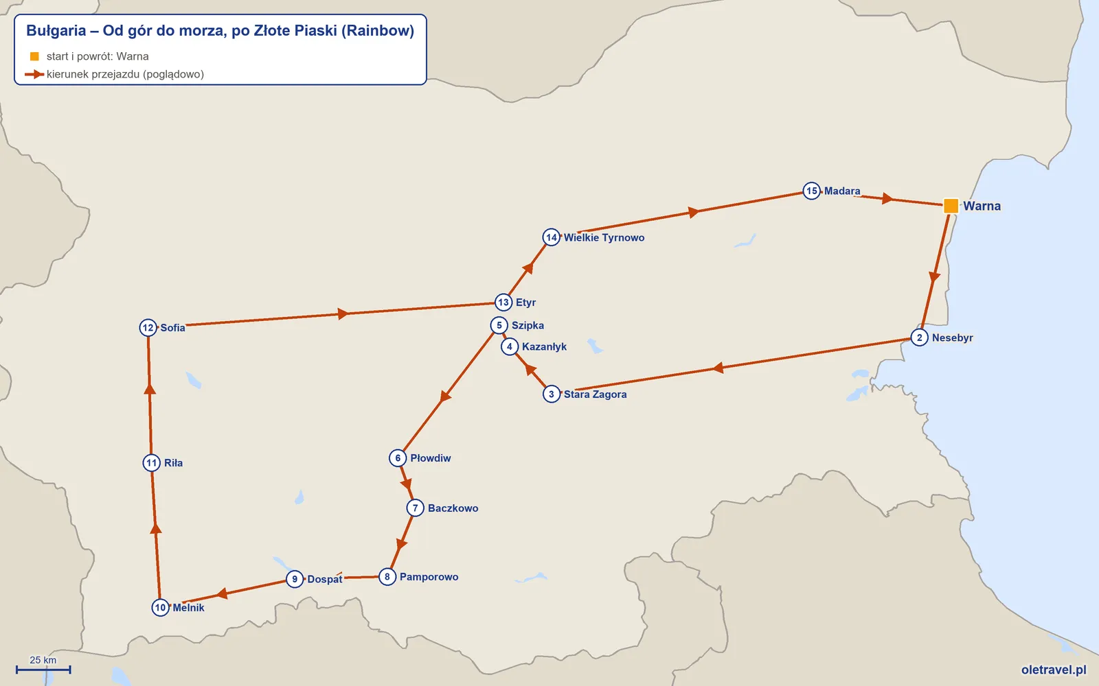 Mapa trasy wycieczki „Bułgaria – Od gór do morza, po Złote Piaski” z Rainbow: Warna – Nesebyr – Stara Zagora – Kazanłyk – Szipka – Płowdiw – Baczkowo – Pamporowo – Dospat – Melnik – Riła – Sofia – Etyr – Wielkie Tyrnowo – Madara – Warna