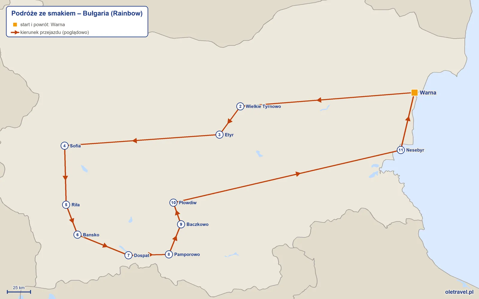 Mapa trasy wycieczki „Podróże ze smakiem – Bułgaria” z Rainbow: Warna – Wielkie Tyrnowo – Etyr – Sofia – Riła – Bansko – Dospat – Pamporowo – Baczkowo – Płowdiw – Nesebyr – Warna