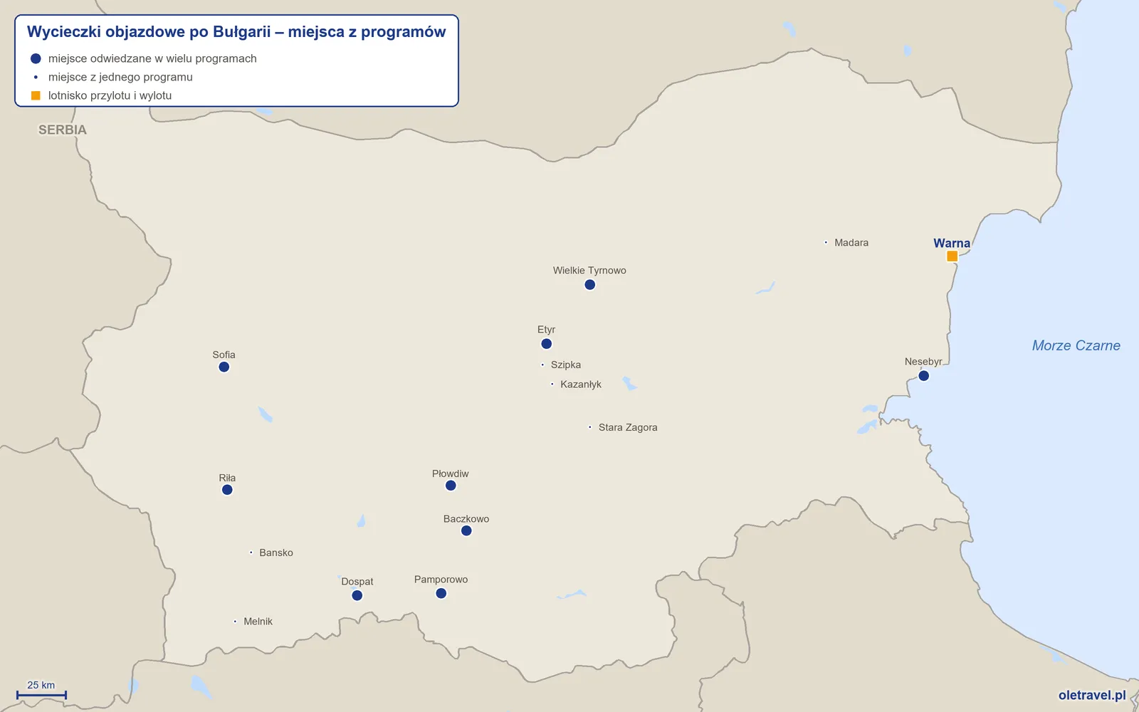 Mapa: Bułgaria z miejscami odwiedzanymi na wycieczkach objazdowych z naszej oferty