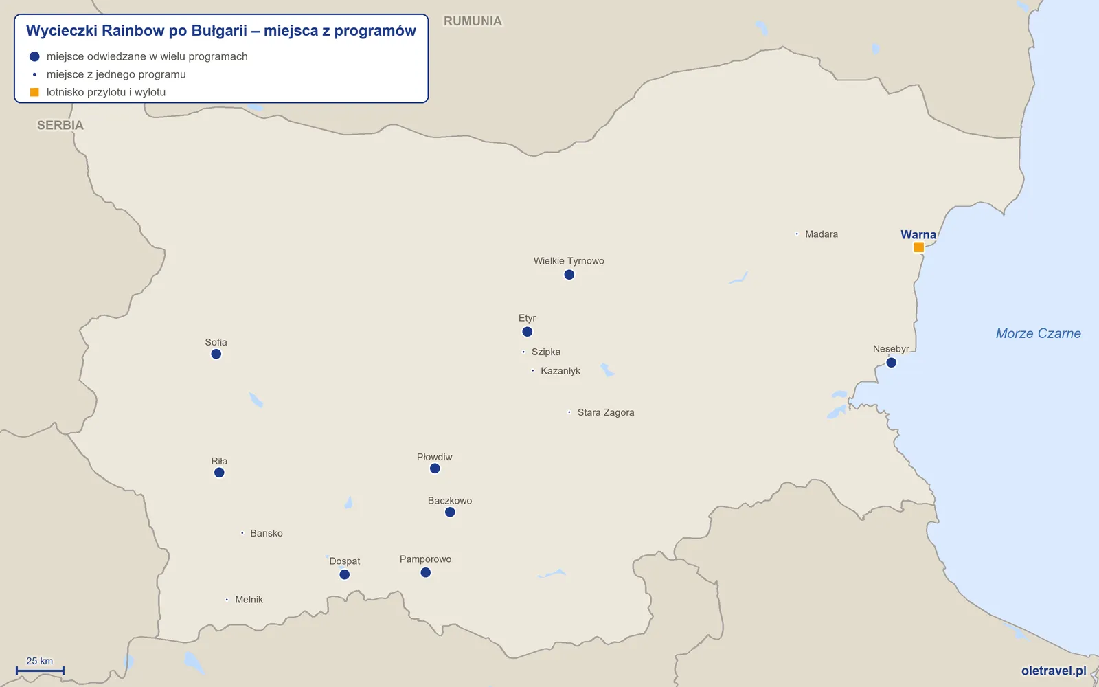 Mapa: Bułgaria z miejscami z programów wycieczek objazdowych Rainbow