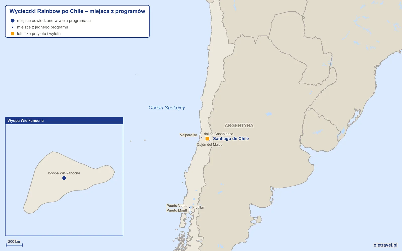 Mapa: Chile z miejscami z programów wycieczek objazdowych Rainbow