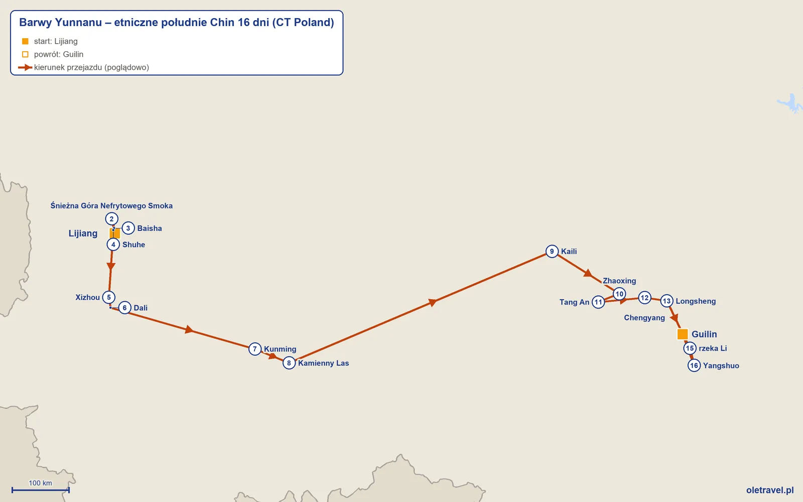 Mapa trasy wycieczki „Barwy Yunnanu – etniczne południe Chin 16 dni” z CT Poland: Lijiang – Śnieżna Góra Nefrytowego Smoka – Baisha – Shuhe – Xizhou – Dali – Kunming – Kamienny Las – Kaili – Zhaoxing – Tang An – Chengyang – Longsheng – Guilin – rzeka Li – Yangshuo – Guilin