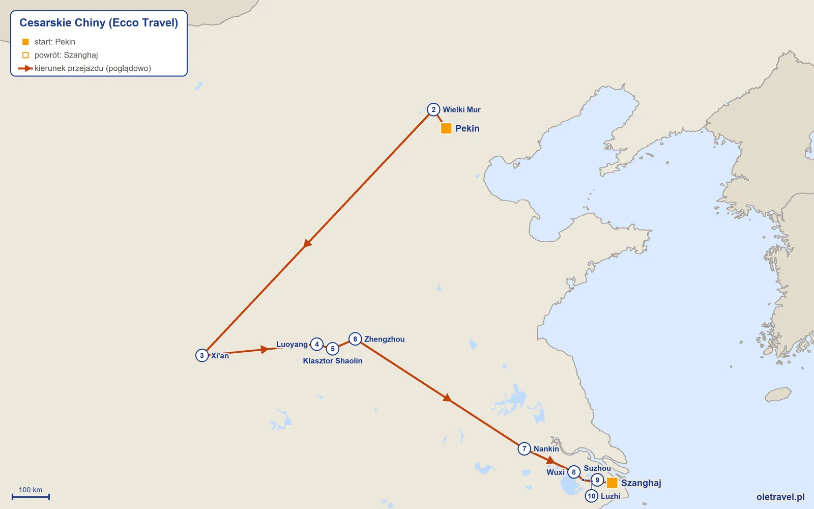 Mapa trasy wycieczki „Cesarskie Chiny” z Ecco Travel: Pekin – Wielki Mur – Xi'an – Luoyang – Klasztor Shaolin – Zhengzhou – Nankin – Wuxi – Suzhou – Luzhi – Szanghaj