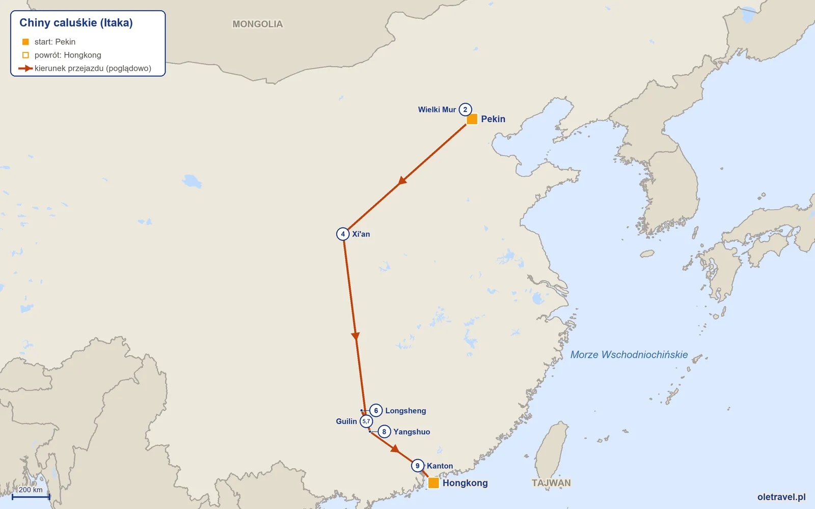 Mapa trasy wycieczki „Chiny caluśkie” z Itaką: Pekin – Wielki Mur – Pekin – Xi'an – Guilin – Longsheng – Guilin – Yangshuo – Kanton – Hongkong