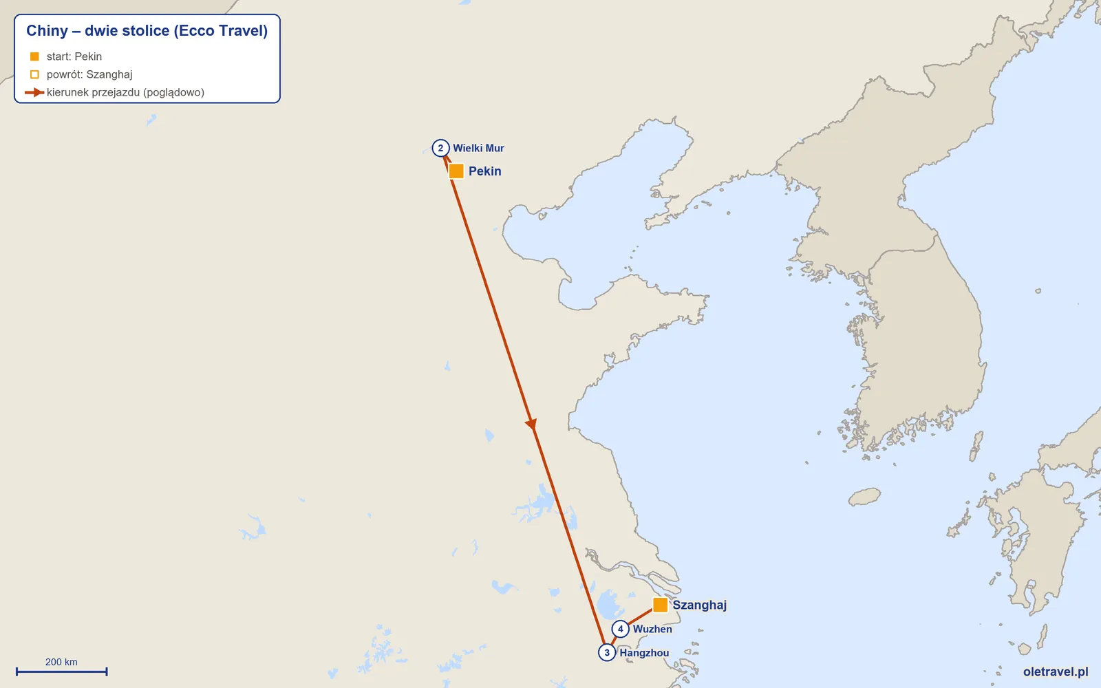 Mapa trasy wycieczki „Chiny – dwie stolice” z Ecco Travel: Pekin – Wielki Mur – Hangzhou – Wuzhen – Szanghaj