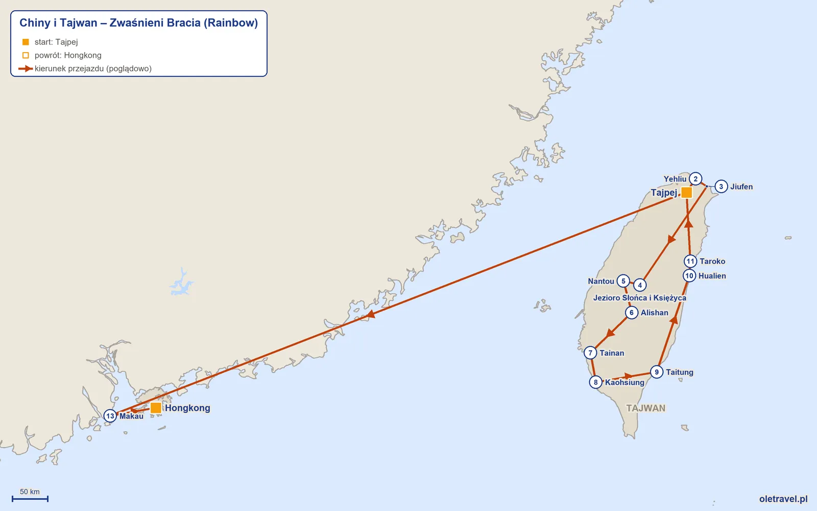 Mapa trasy wycieczki „Chiny i Tajwan – Zwaśnieni Bracia” z Rainbow: Tajpej – Yehliu – Jiufen – Jezioro Słońca i Księżyca – Nantou – Alishan – Tainan – Kaohsiung – Taitung – Hualien – Taroko – Tajpej – Makau – Hongkong