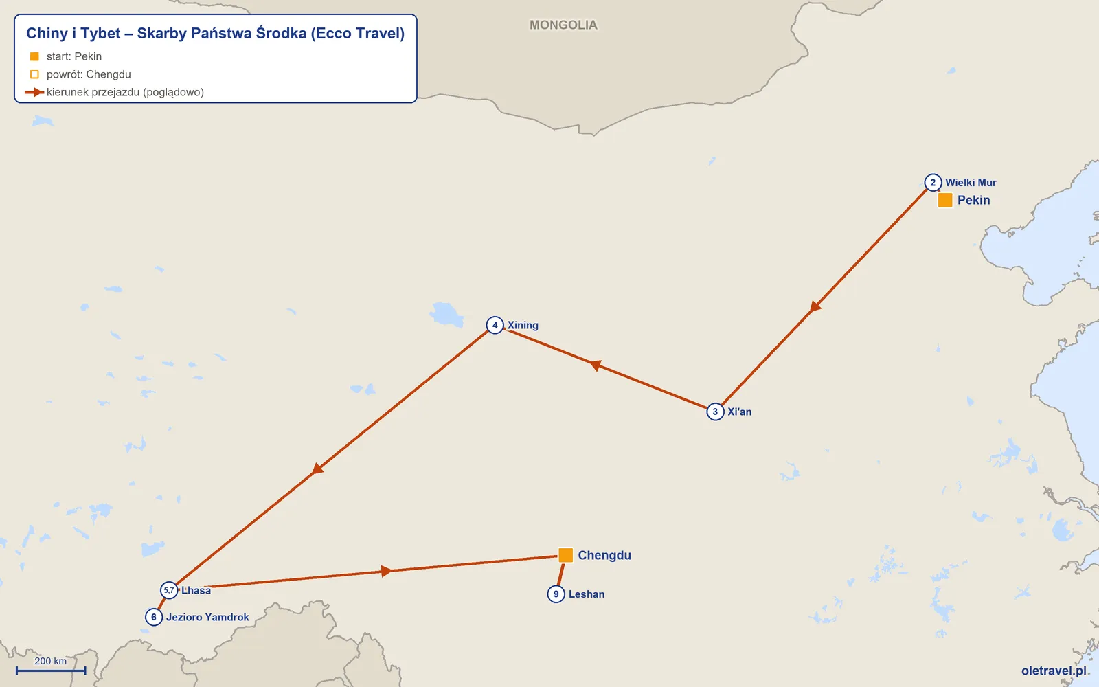 Mapa trasy wycieczki „Chiny i Tybet – Skarby Państwa Środka” z Ecco Travel: Pekin – Wielki Mur – Xi'an – Xining – Lhasa – Jezioro Yamdrok – Lhasa – Chengdu – Leshan – Chengdu