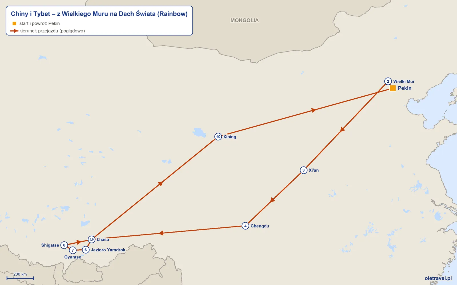 Mapa trasy wycieczki „Chiny i Tybet – z Wielkiego Muru na Dach Świata” z Rainbow: Pekin – Wielki Mur – Xi'an – Chengdu – Lhasa – Jezioro Yamdrok – Gyantse – Shigatse – Lhasa – Xining – Pekin
