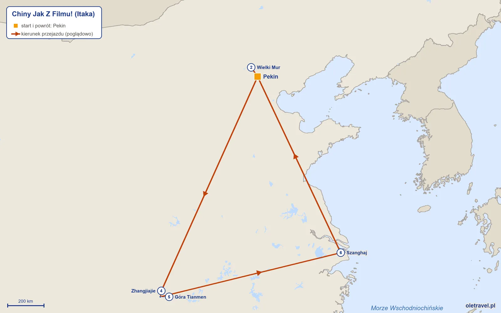 Mapa trasy wycieczki „Chiny Jak Z Filmu!” z Itaką: Pekin – Wielki Mur – Pekin – Zhangjiajie – Góra Tianmen – Szanghaj – Pekin