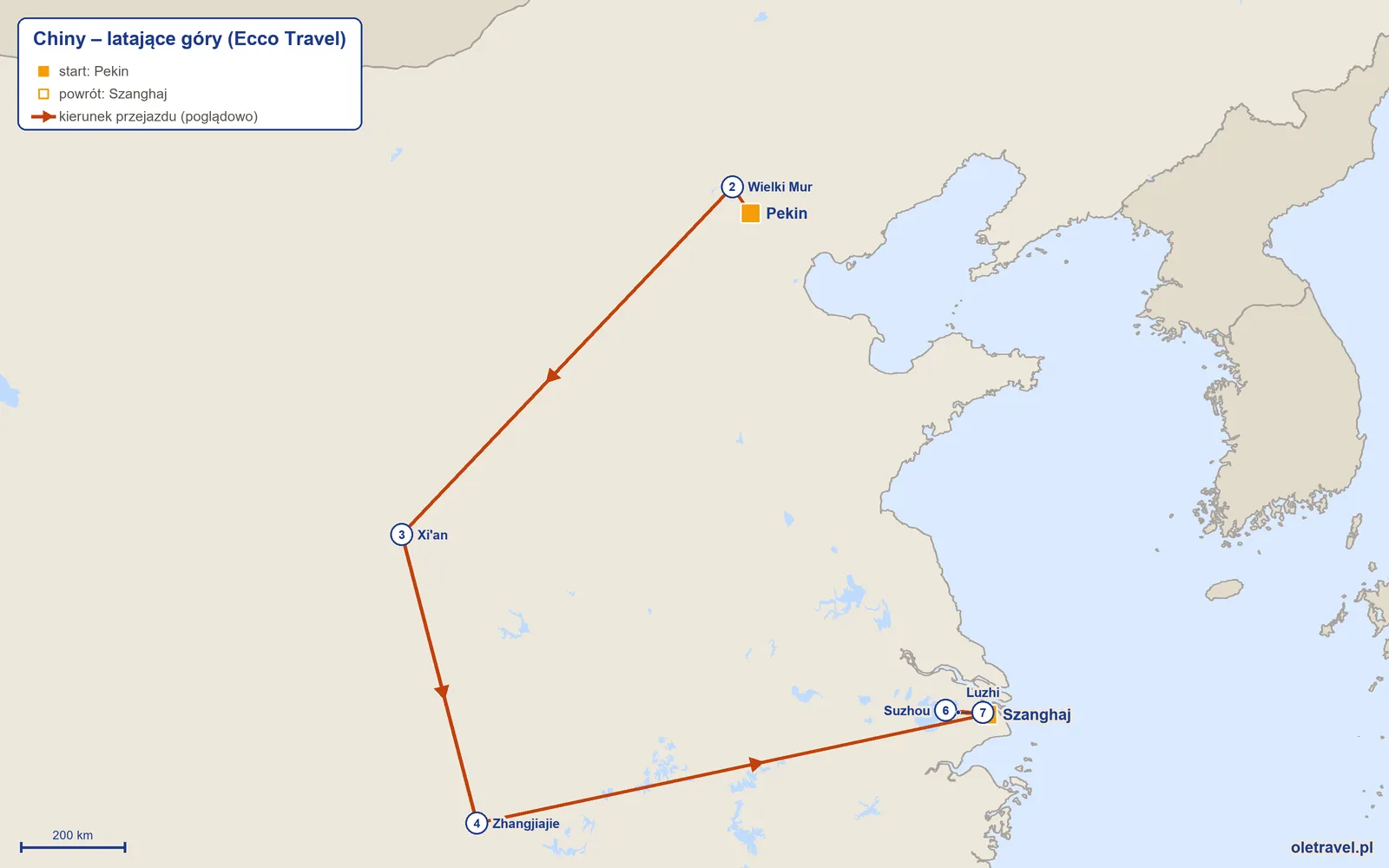 Mapa trasy wycieczki „Chiny – latające góry” z Ecco Travel: Pekin – Wielki Mur – Xi'an – Zhangjiajie – Szanghaj – Suzhou – Luzhi – Szanghaj