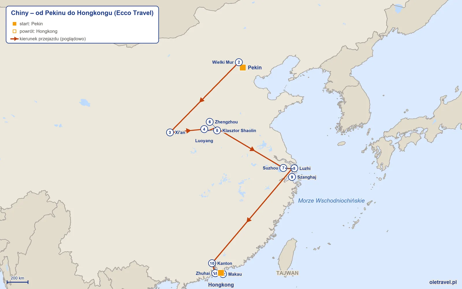 Mapa trasy wycieczki „Chiny – od Pekinu do Hongkongu” z Ecco Travel: Pekin – Wielki Mur – Xi'an – Luoyang – Klasztor Shaolin – Zhengzhou – Suzhou – Luzhi – Szanghaj – Kanton – Zhuhai – Makau – Hongkong