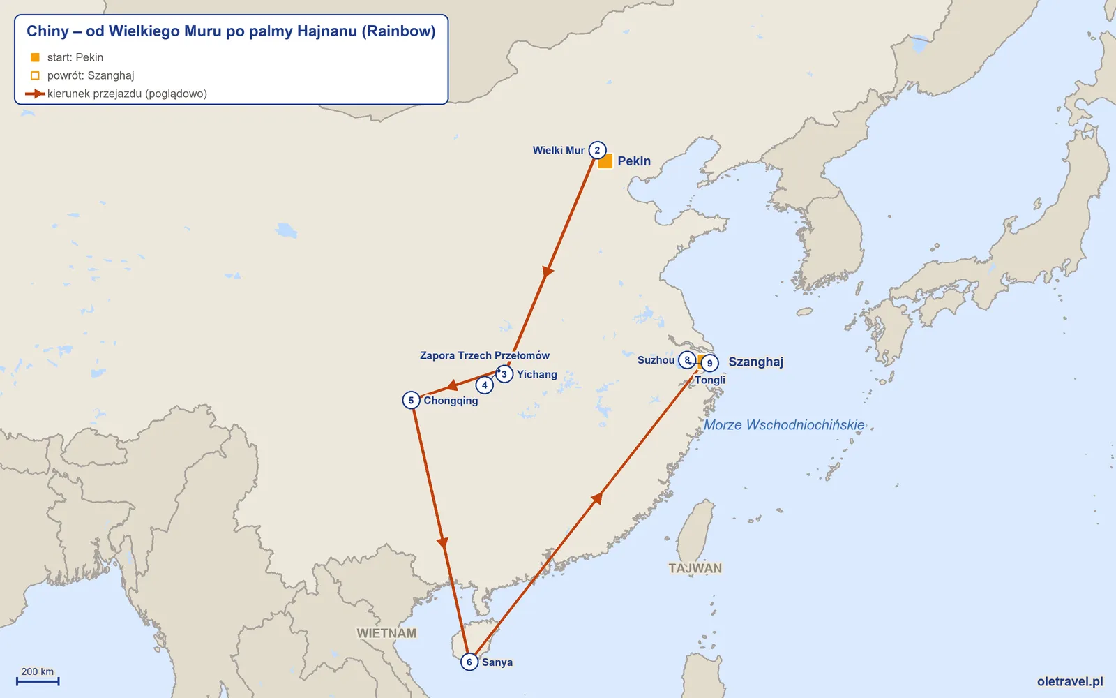 Mapa trasy wycieczki „Chiny – od Wielkiego Muru po palmy Hajnanu” z Rainbow: Pekin – Wielki Mur – Yichang – Zapora Trzech Przełomów – Chongqing – Sanya – Szanghaj – Suzhou – Tongli – Szanghaj