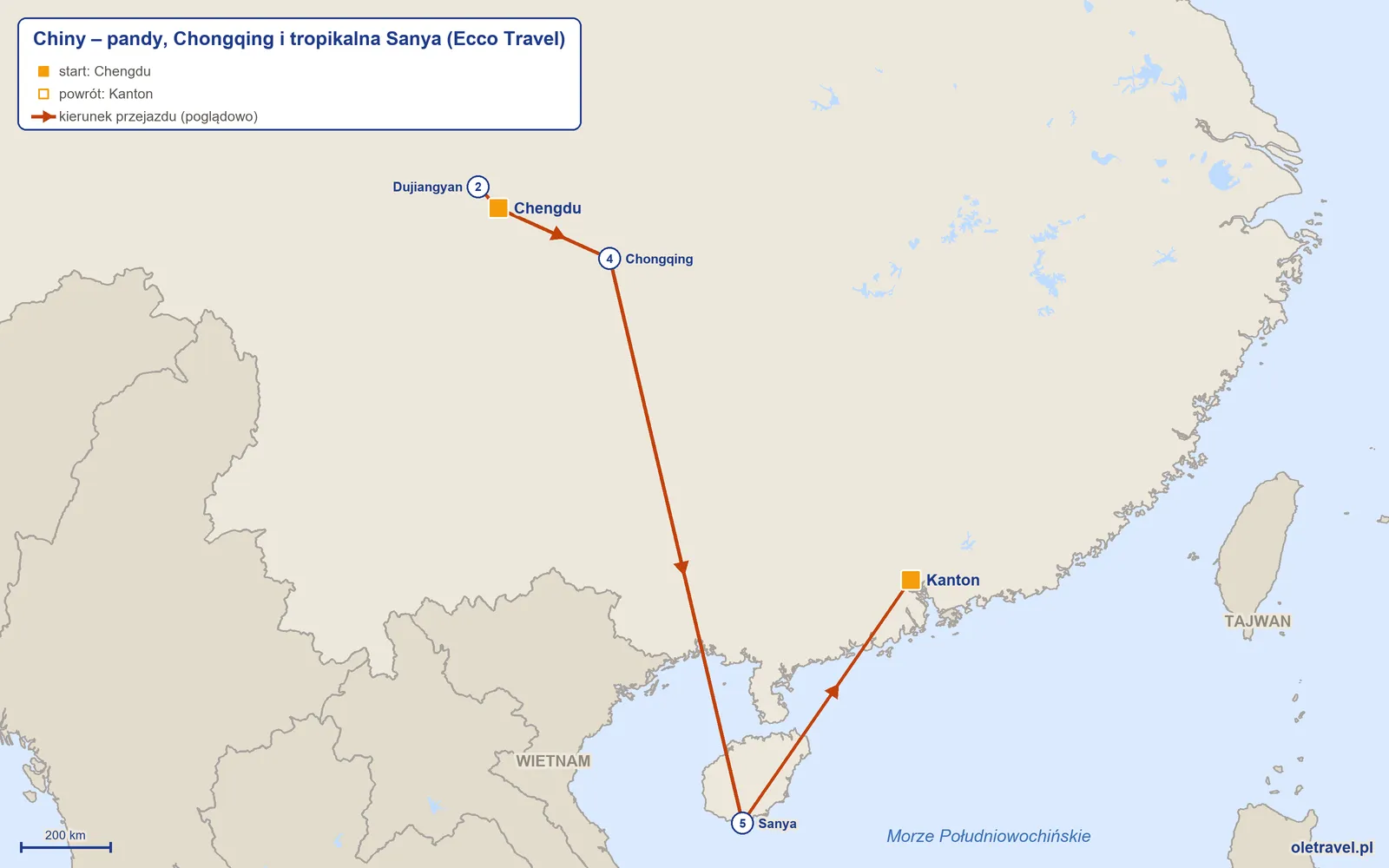 Mapa trasy wycieczki „Chiny – pandy, Chongqing i tropikalna Sanya” z Ecco Travel: Chengdu – Dujiangyan – Chengdu – Chongqing – Sanya – Kanton