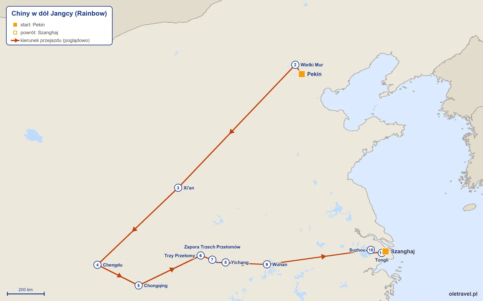 Mapa trasy wycieczki „Chiny w dół Jangcy” z Rainbow: Pekin – Wielki Mur – Xi'an – Chengdu – Chongqing – Trzy Przełomy – Zapora Trzech Przełomów – Yichang – Wuhan – Suzhou – Tongli – Szanghaj