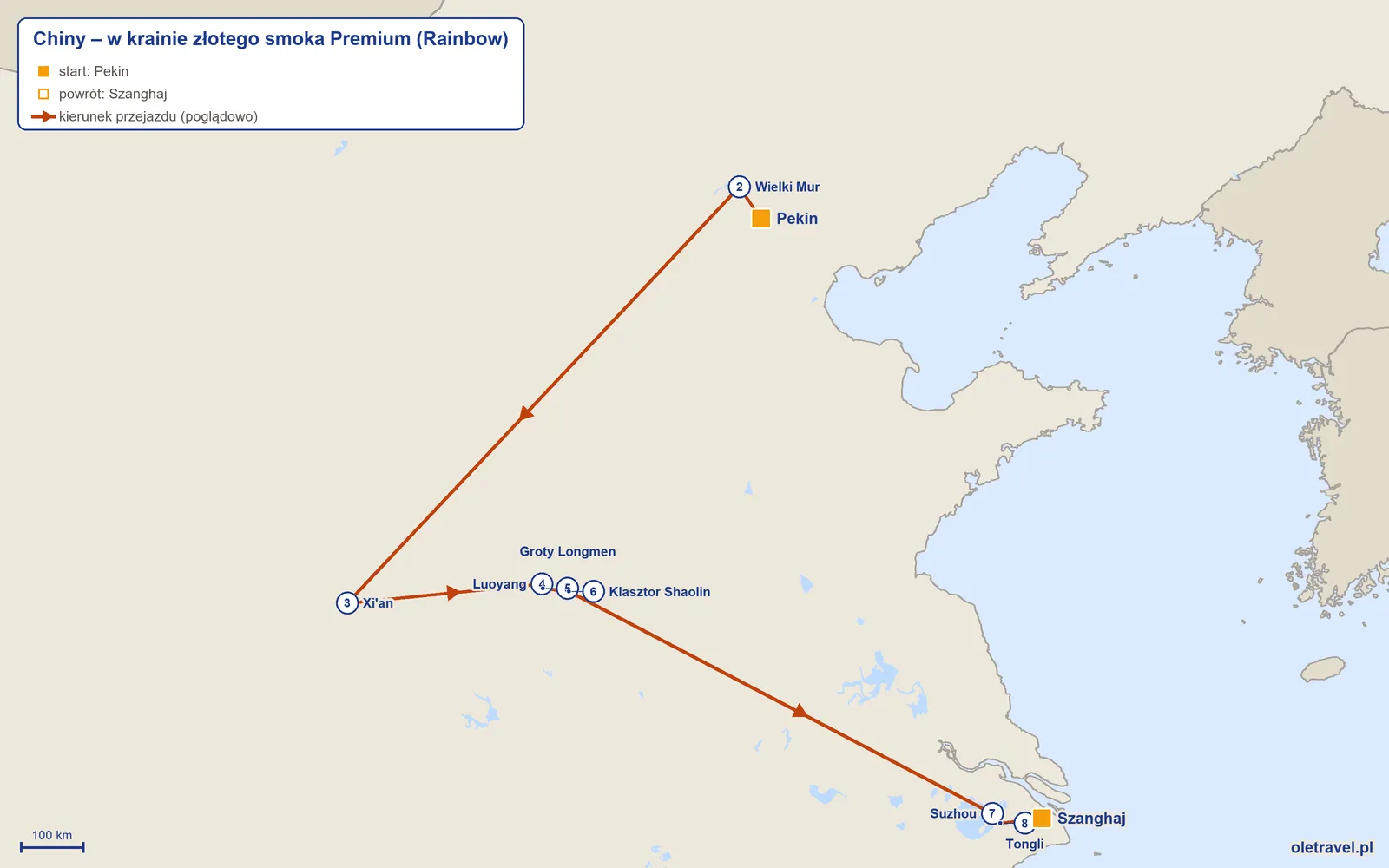 Mapa trasy wycieczki „Chiny – w krainie złotego smoka Premium” z Rainbow: Pekin – Wielki Mur – Xi'an – Luoyang – Groty Longmen – Klasztor Shaolin – Suzhou – Tongli – Szanghaj