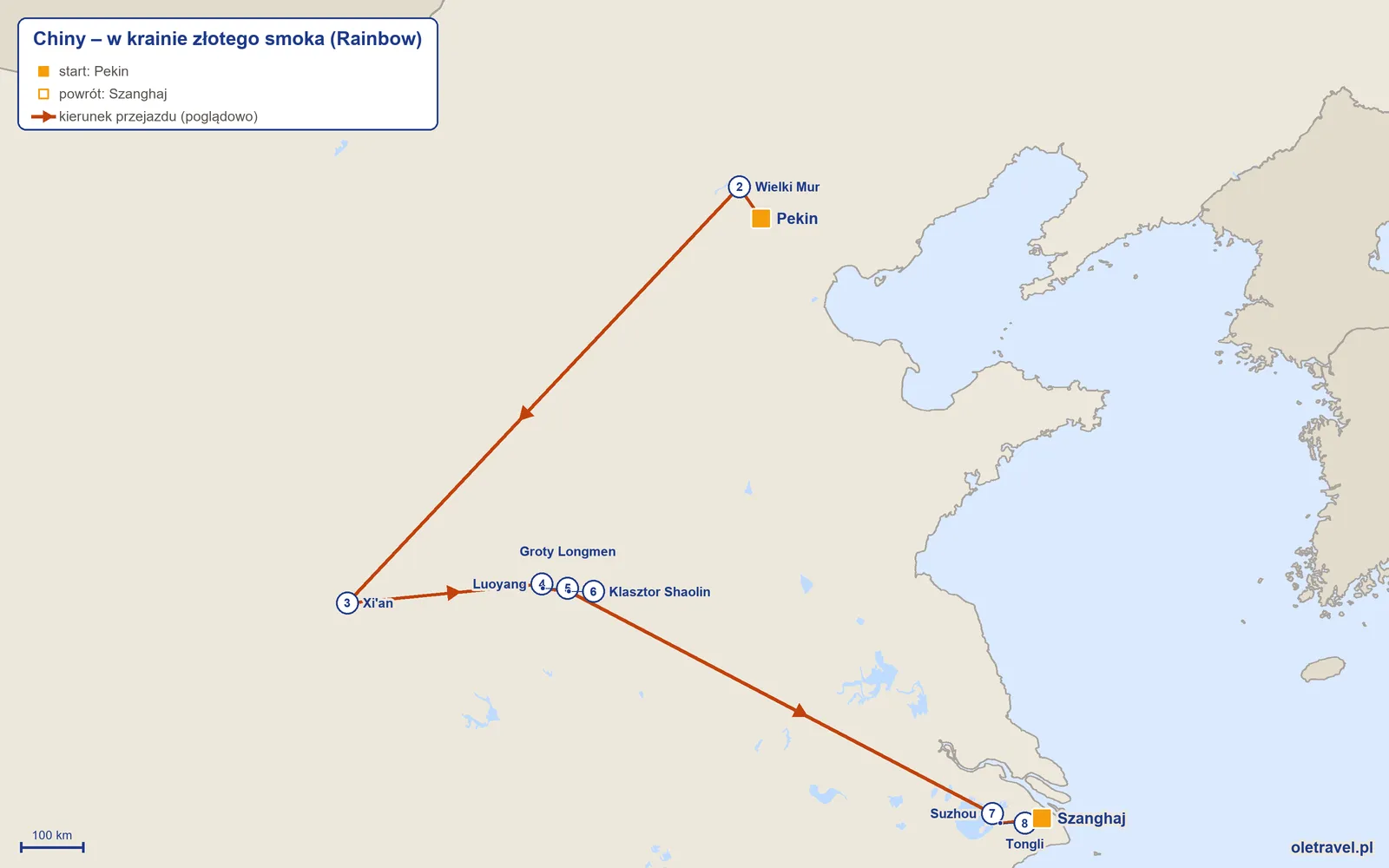 Mapa trasy wycieczki „Chiny – w krainie złotego smoka” z Rainbow: Pekin – Wielki Mur – Xi'an – Luoyang – Groty Longmen – Klasztor Shaolin – Suzhou – Tongli – Szanghaj