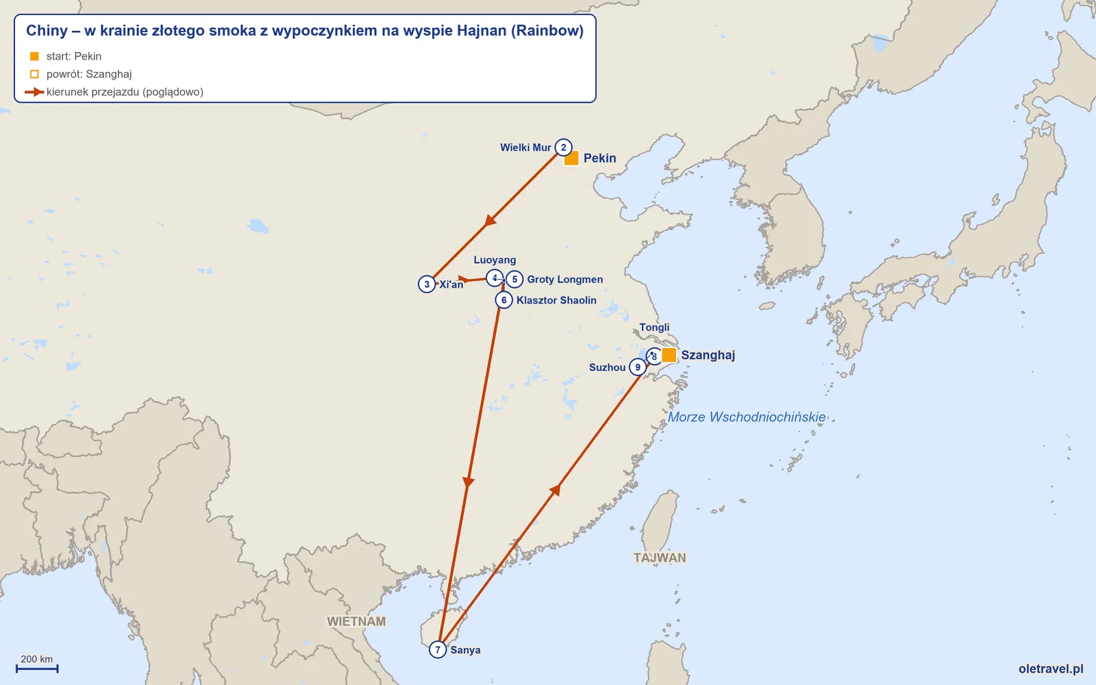 Mapa trasy wycieczki „Chiny – w krainie złotego smoka z wypoczynkiem na wyspie Hajnan” z Rainbow: Pekin – Wielki Mur – Xi'an – Luoyang – Groty Longmen – Klasztor Shaolin – Sanya – Tongli – Suzhou – Szanghaj