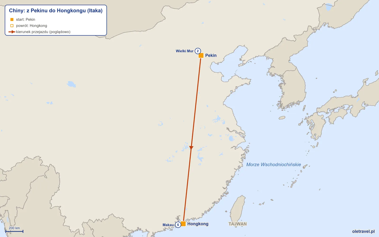 Mapa trasy wycieczki „Chiny: z Pekinu do Hongkongu” z Itaką: Pekin – Wielki Mur – Pekin – Hongkong – Makau – Hongkong
