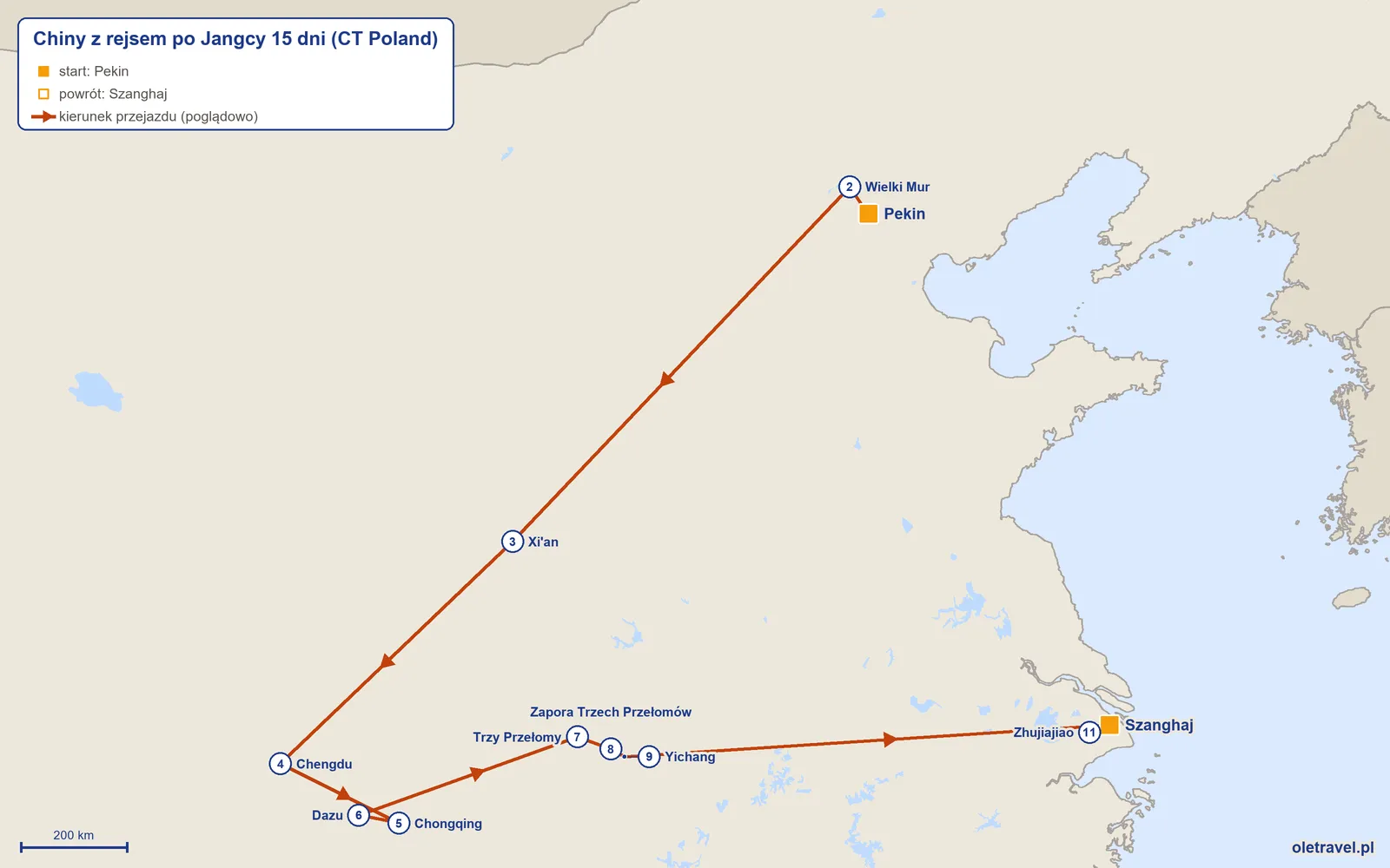 Mapa trasy wycieczki „Chiny z rejsem po Jangcy 15 dni” z CT Poland: Pekin – Wielki Mur – Xi'an – Chengdu – Chongqing – Dazu – Trzy Przełomy – Zapora Trzech Przełomów – Yichang – Szanghaj – Zhujiajiao – Szanghaj