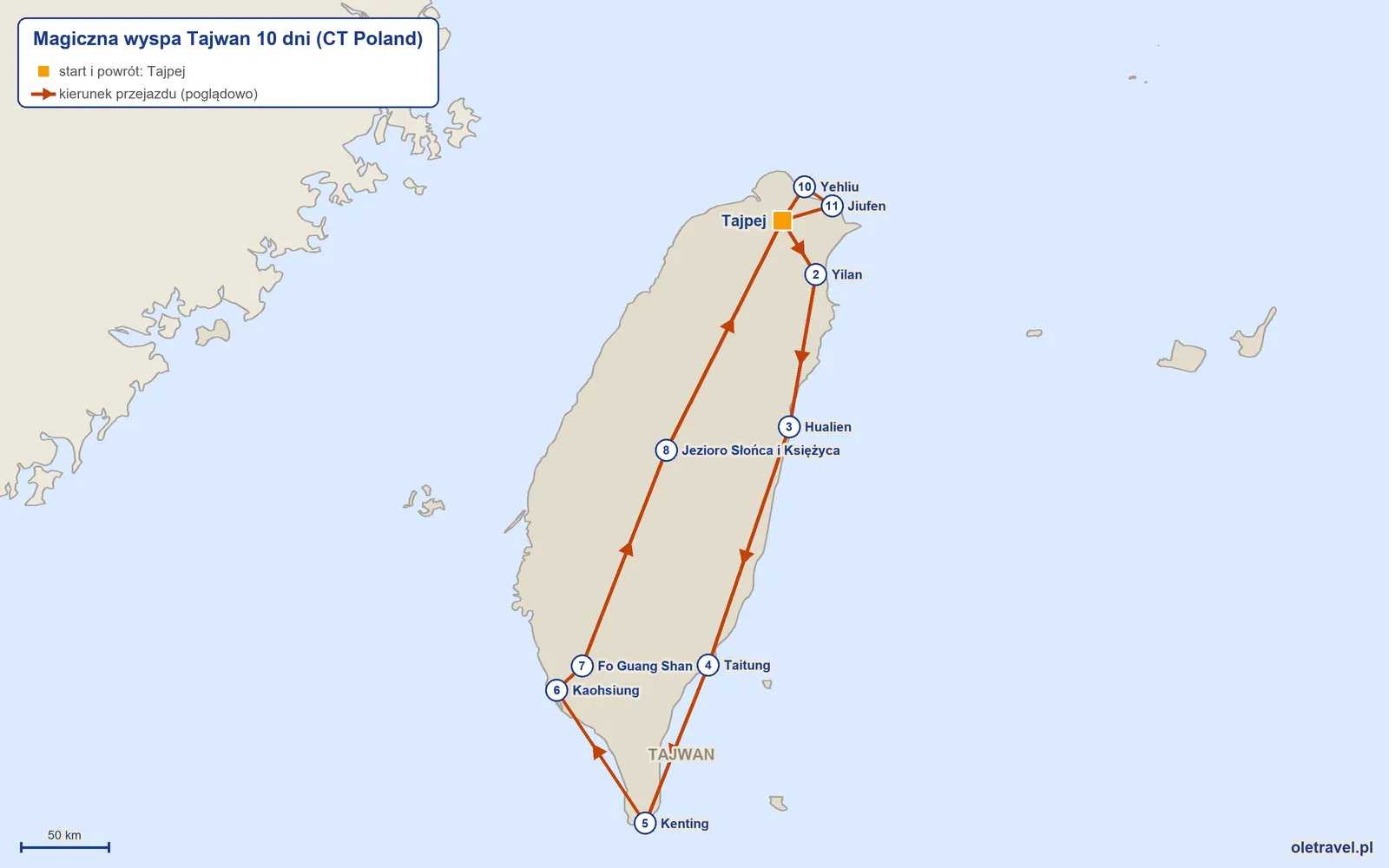 Mapa trasy wycieczki „Magiczna wyspa Tajwan 10 dni” z CT Poland: Tajpej – Yilan – Hualien – Taitung – Kenting – Kaohsiung – Fo Guang Shan – Jezioro Słońca i Księżyca – Tajpej – Yehliu – Jiufen – Tajpej