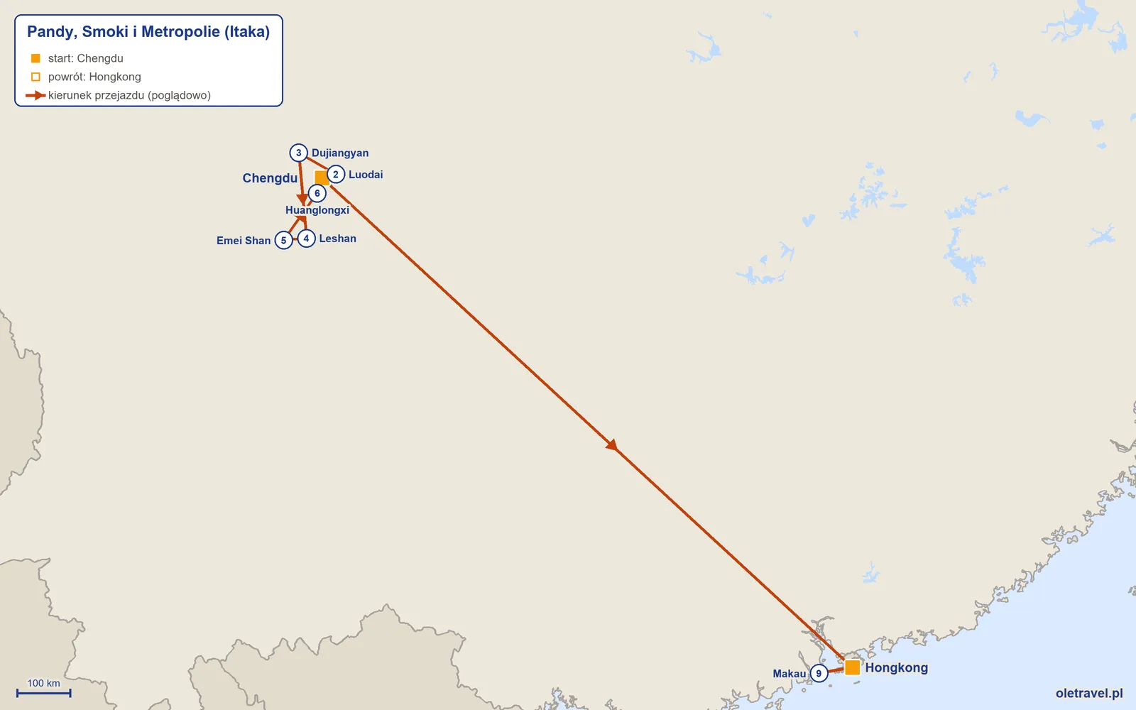 Mapa trasy wycieczki „Pandy, Smoki i Metropolie” z Itaką: Chengdu – Luodai – Dujiangyan – Leshan – Emei Shan – Huanglongxi – Chengdu – Hongkong – Makau – Hongkong