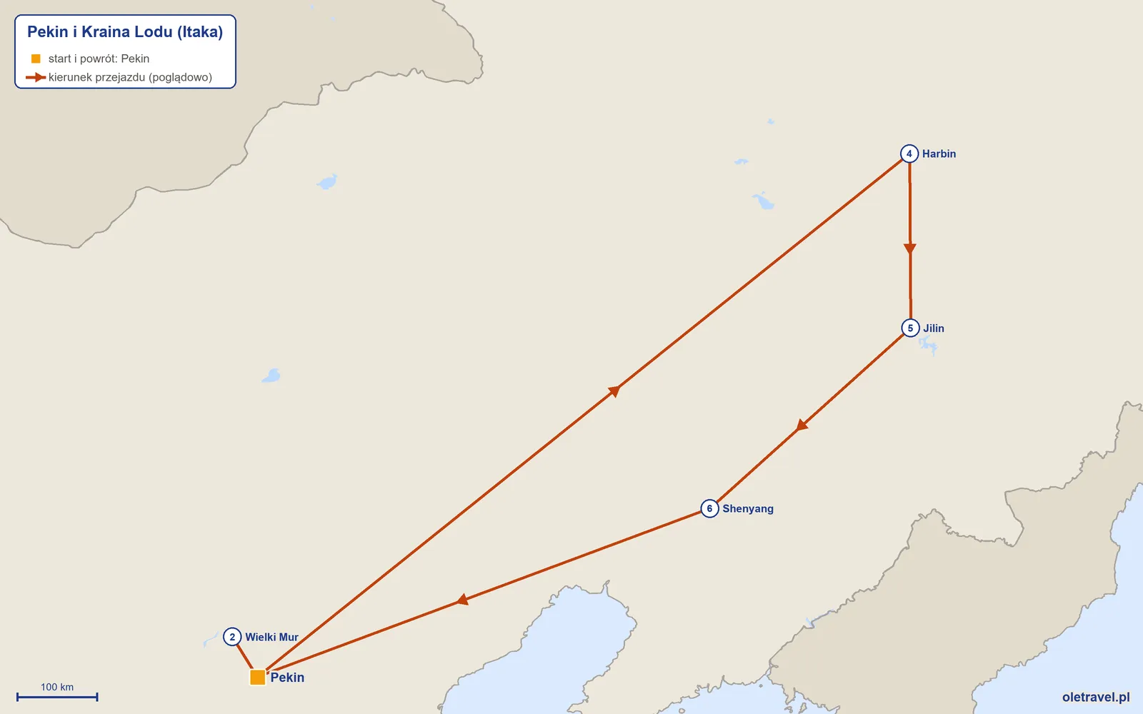 Mapa trasy wycieczki „Pekin i Kraina Lodu” z Itaką: Pekin – Wielki Mur – Pekin – Harbin – Jilin – Shenyang – Pekin